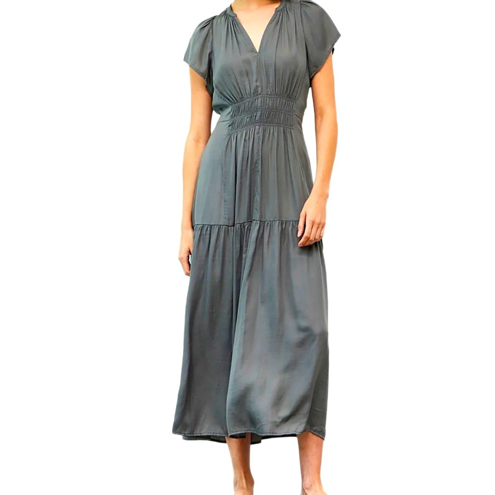 Grade & Gather Ruffle Sleeve Satin Midi Dress